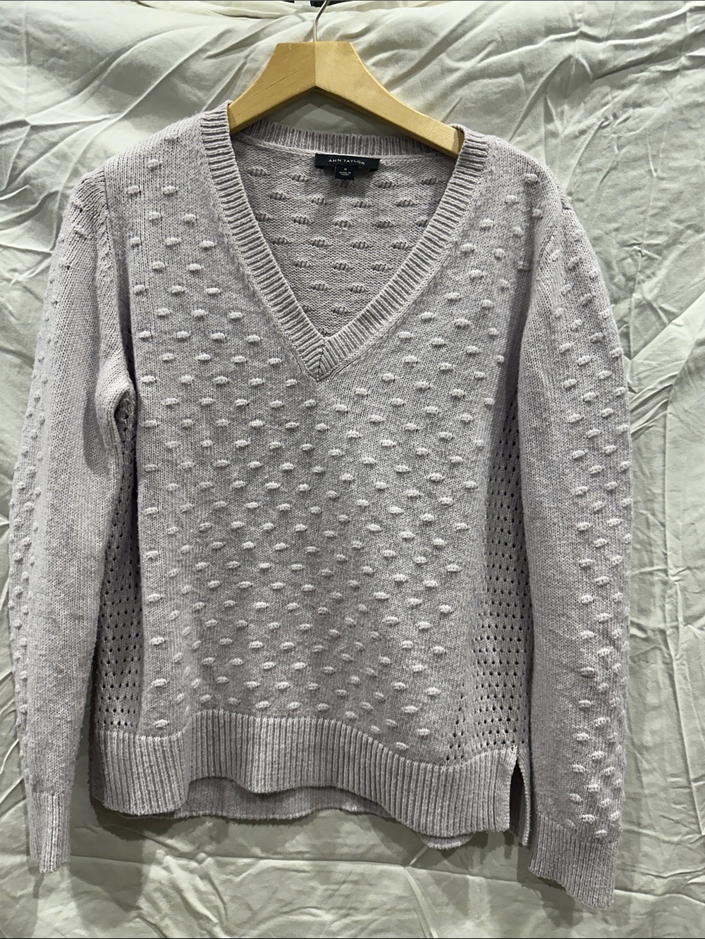 Ann Taylor V-Neck Pointelle Dot Sweater - Light Lavender